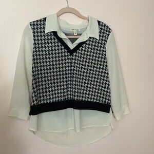 Houndstooth V-Neck Layered-Effect Collared Blouse